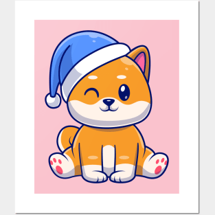 Cute Shiba Inu Dog Winter Sitting With Beanie Hat Cartoon Posters and Art